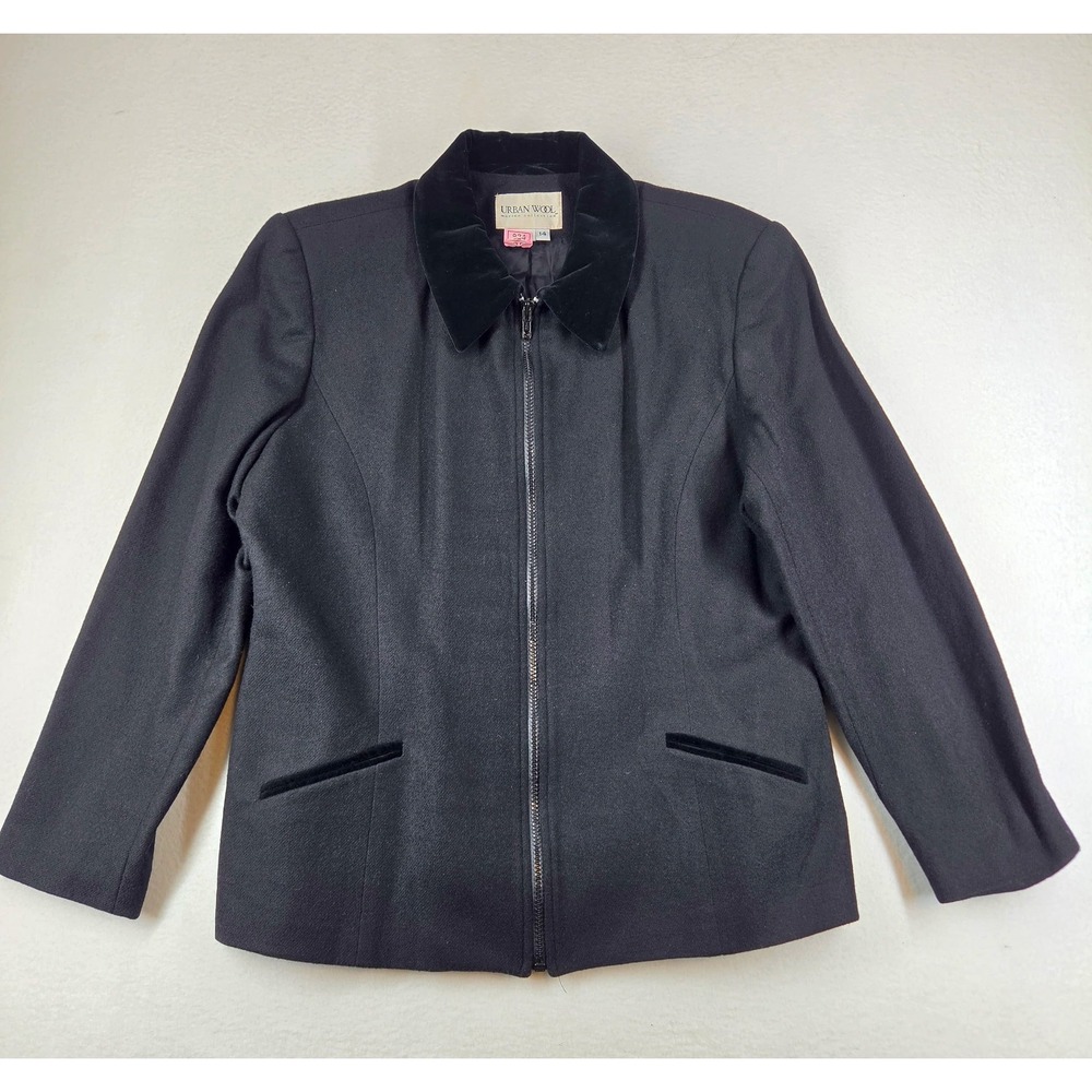Urban Wool Merino Collection Black 100% Pure Wool Zip Jacket Velvet Collar Sz 14